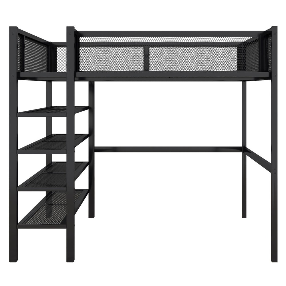 HomeRoots Black Metal Full Double Loft Bed with Integrated Storage Shelves – Stylish, Space-Saving Design! 590374