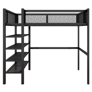 HomeRoots Black Metal Full Double Loft Bed with Integrated Storage Shelves – Stylish, Space-Saving Design! 590374