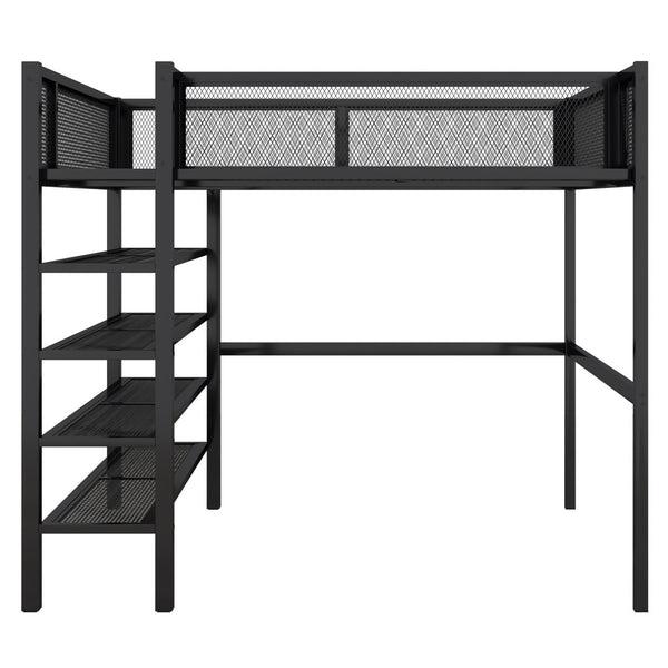 HomeRoots Black Metal Full Double Loft Bed with Integrated Storage Shelves – Stylish, Space-Saving Design! 590374