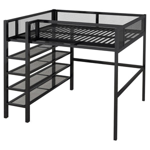HomeRoots Black Metal Full Double Loft Bed with Integrated Storage Shelves – Stylish, Space-Saving Design! 590374