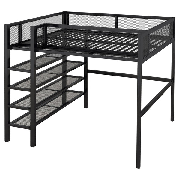 HomeRoots Black Metal Full Double Loft Bed with Integrated Storage Shelves – Stylish, Space-Saving Design! 590374
