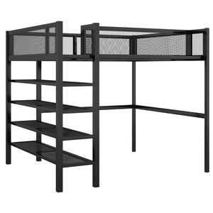HomeRoots Black Metal Full Double Loft Bed with Integrated Storage Shelves – Stylish, Space-Saving Design! 590374