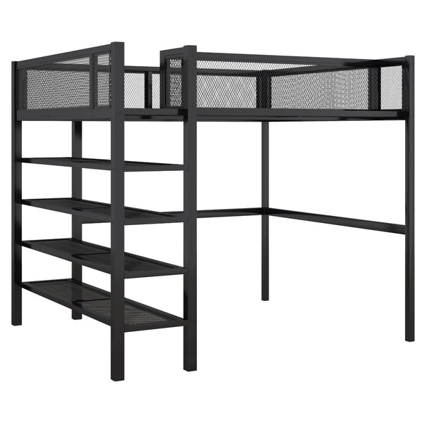 HomeRoots Black Metal Full Double Loft Bed with Integrated Storage Shelves – Stylish, Space-Saving Design! 590374