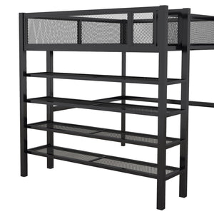 HomeRoots Black Metal Full Double Loft Bed with Integrated Storage Shelves – Stylish, Space-Saving Design! 590374