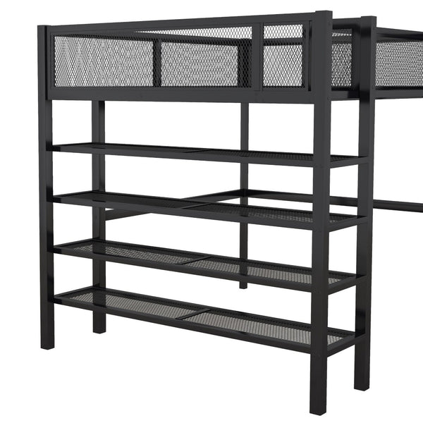 HomeRoots Black Metal Full Double Loft Bed with Integrated Storage Shelves – Stylish, Space-Saving Design! 590374