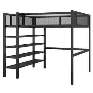 HomeRoots Black Metal Full Double Loft Bed with Integrated Storage Shelves – Stylish, Space-Saving Design! 590374