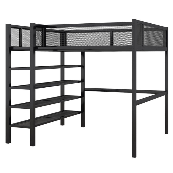 HomeRoots Black Metal Full Double Loft Bed with Integrated Storage Shelves – Stylish, Space-Saving Design! 590374