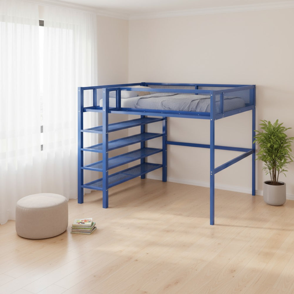 HomeRoots Blue Metal Loft Bed with Integrated Shelves - Space-Saving Full Double Design for Stylish Rooms 590375