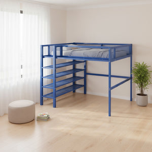 HomeRoots Blue Metal Loft Bed with Integrated Shelves - Space-Saving Full Double Design for Stylish Rooms 590375