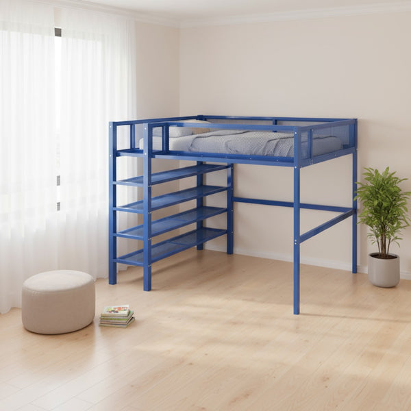 HomeRoots Blue Metal Loft Bed with Integrated Shelves - Space-Saving Full Double Design for Stylish Rooms 590375