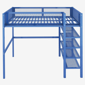 HomeRoots Blue Metal Loft Bed with Integrated Shelves - Space-Saving Full Double Design for Stylish Rooms 590375