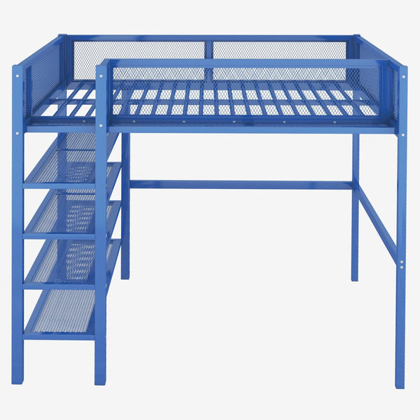 HomeRoots Blue Metal Loft Bed with Integrated Shelves - Space-Saving Full Double Design for Stylish Rooms 590375