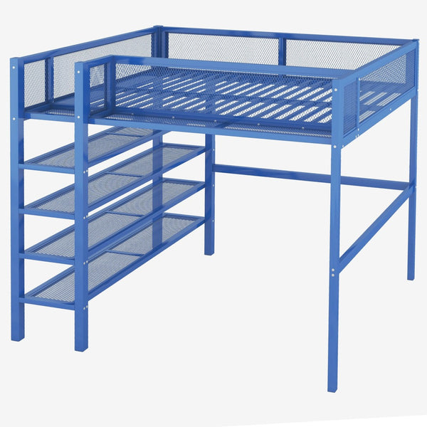 HomeRoots Blue Metal Loft Bed with Integrated Shelves - Space-Saving Full Double Design for Stylish Rooms 590375