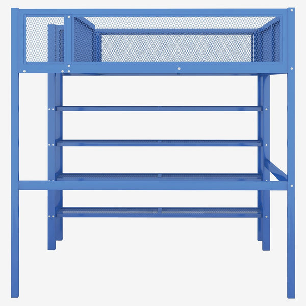 HomeRoots Blue Metal Loft Bed with Integrated Shelves - Space-Saving Full Double Design for Stylish Rooms 590375