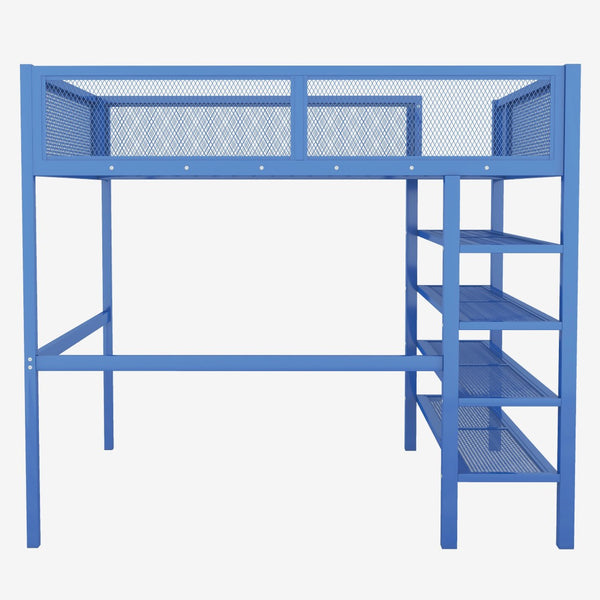 HomeRoots Blue Metal Loft Bed with Integrated Shelves - Space-Saving Full Double Design for Stylish Rooms 590375