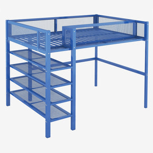 HomeRoots Blue Metal Loft Bed with Integrated Shelves - Space-Saving Full Double Design for Stylish Rooms 590375