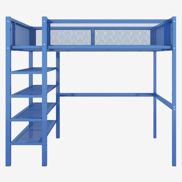HomeRoots Blue Metal Loft Bed with Integrated Shelves - Space-Saving Full Double Design for Stylish Rooms 590375