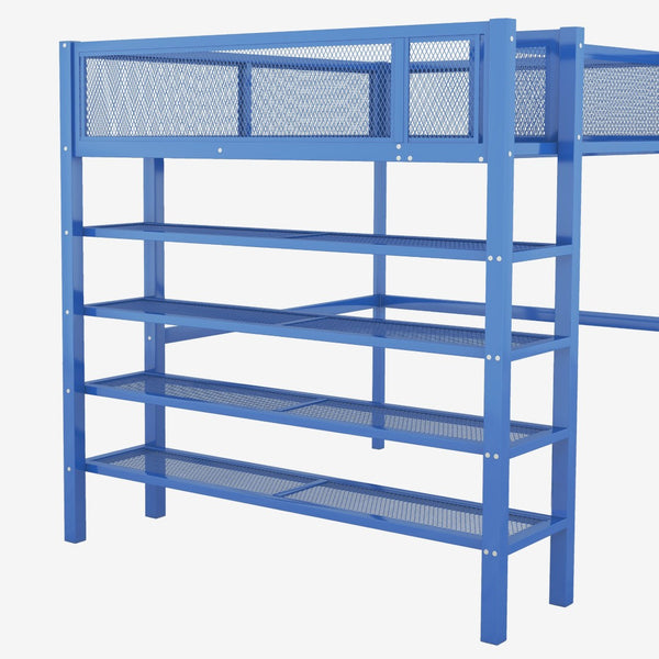 HomeRoots Blue Metal Loft Bed with Integrated Shelves - Space-Saving Full Double Design for Stylish Rooms 590375