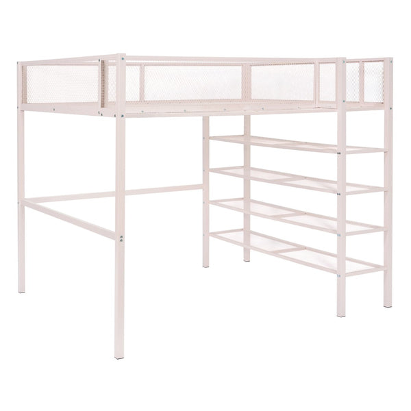 HomeRoots Light Pink Loft Bed - Stylish Metal Full-Double Design with Shelves for Storage & Play Space 590376