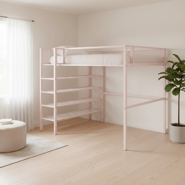 HomeRoots Light Pink Loft Bed - Stylish Metal Full-Double Design with Shelves for Storage & Play Space 590376