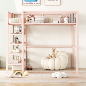 HomeRoots Light Pink Loft Bed - Stylish Metal Full-Double Design with Shelves for Storage & Play Space 590376