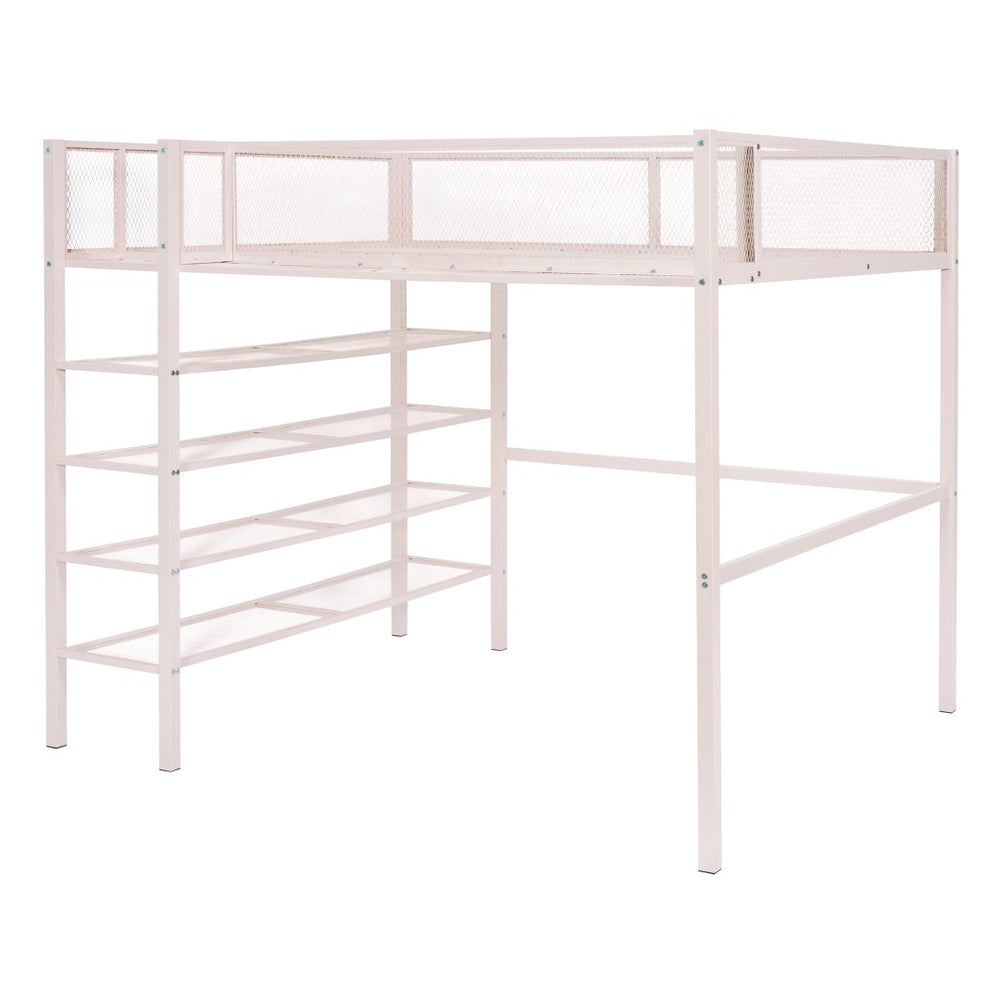 HomeRoots Light Pink Loft Bed - Stylish Metal Full-Double Design with Shelves for Storage & Play Space 590376