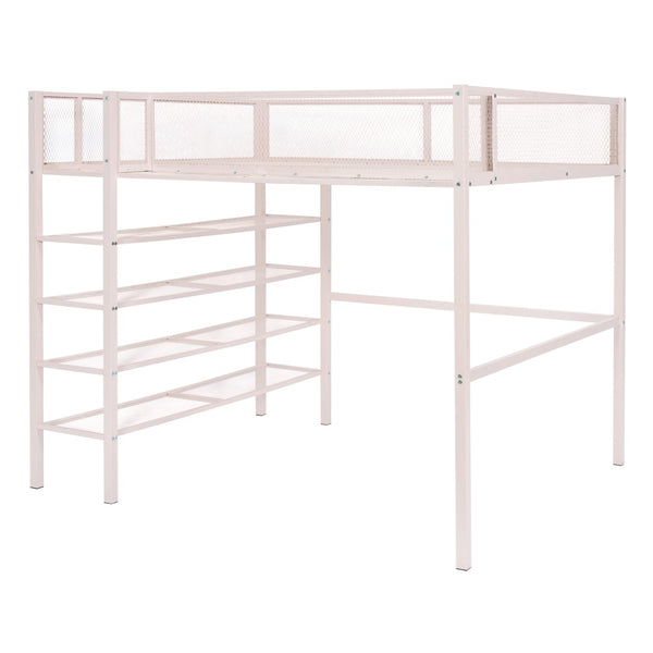 HomeRoots Light Pink Loft Bed - Stylish Metal Full-Double Design with Shelves for Storage & Play Space 590376