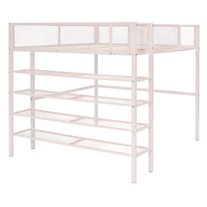 HomeRoots Light Pink Loft Bed - Stylish Metal Full-Double Design with Shelves for Storage & Play Space 590376