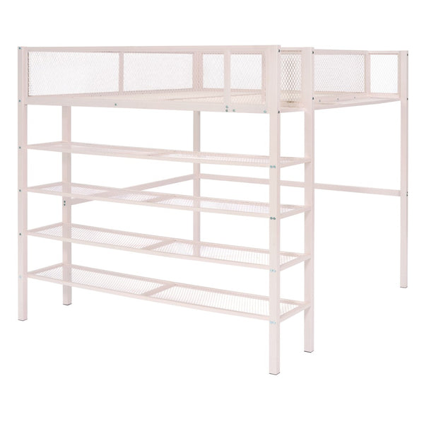 HomeRoots Light Pink Loft Bed - Stylish Metal Full-Double Design with Shelves for Storage & Play Space 590376