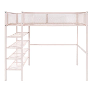 HomeRoots Light Pink Loft Bed - Stylish Metal Full-Double Design with Shelves for Storage & Play Space 590376