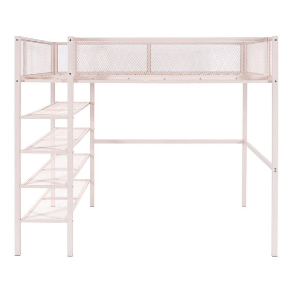 HomeRoots Light Pink Loft Bed - Stylish Metal Full-Double Design with Shelves for Storage & Play Space 590376