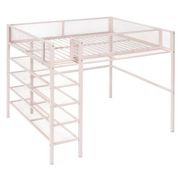 HomeRoots Light Pink Loft Bed - Stylish Metal Full-Double Design with Shelves for Storage & Play Space 590376