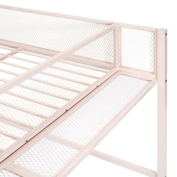 HomeRoots Light Pink Loft Bed - Stylish Metal Full-Double Design with Shelves for Storage & Play Space 590376