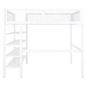 HomeRoots White Metal Twin Loft Bed with Integrated Desk & Shelves - Space-Saving Solution for Small Rooms 590377