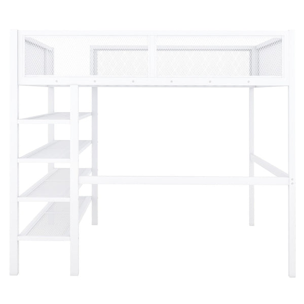 HomeRoots White Metal Twin Loft Bed with Integrated Desk & Shelves - Space-Saving Solution for Small Rooms 590377