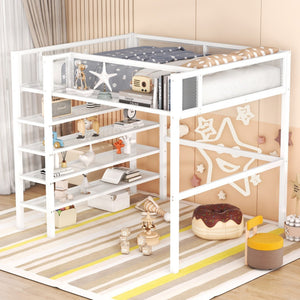 HomeRoots White Metal Twin Loft Bed with Integrated Desk & Shelves - Space-Saving Solution for Small Rooms 590377