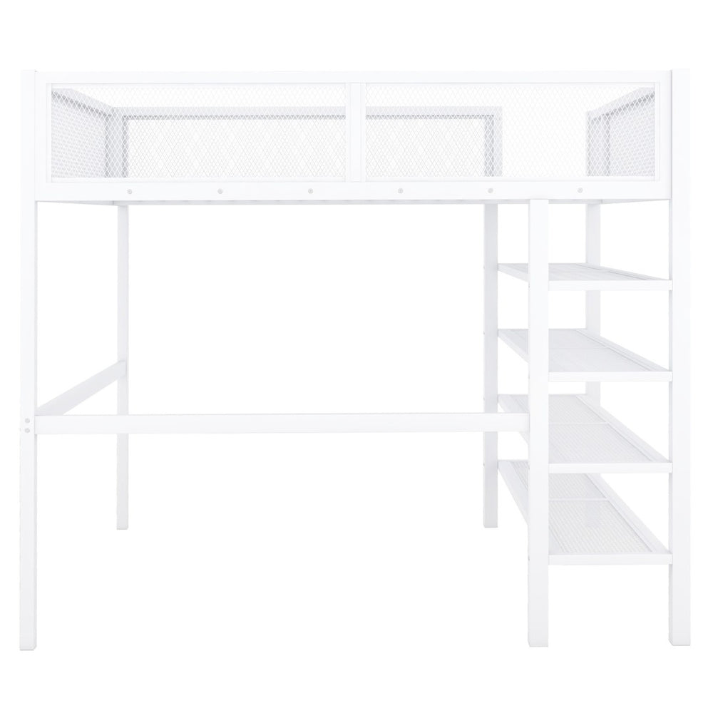 HomeRoots White Metal Twin Loft Bed with Integrated Desk & Shelves - Space-Saving Solution for Small Rooms 590377