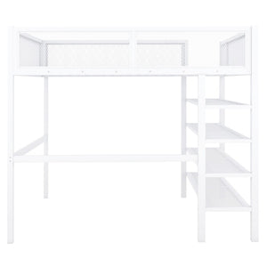 HomeRoots White Metal Twin Loft Bed with Integrated Desk & Shelves - Space-Saving Solution for Small Rooms 590377