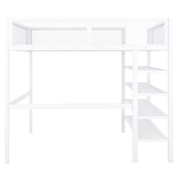 HomeRoots White Metal Twin Loft Bed with Integrated Desk & Shelves - Space-Saving Solution for Small Rooms 590377