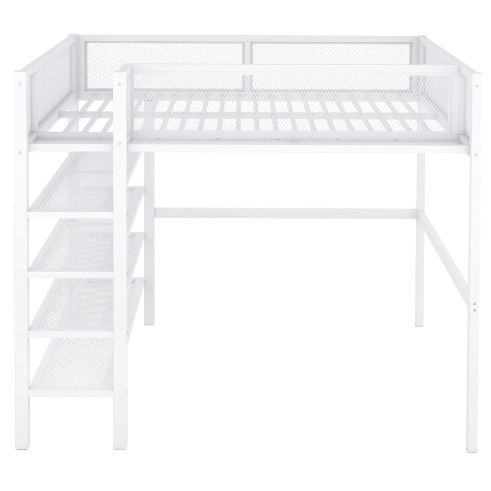 HomeRoots White Metal Twin Loft Bed with Integrated Desk & Shelves - Space-Saving Solution for Small Rooms 590377