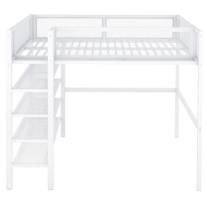 HomeRoots White Metal Twin Loft Bed with Integrated Desk & Shelves - Space-Saving Solution for Small Rooms 590377