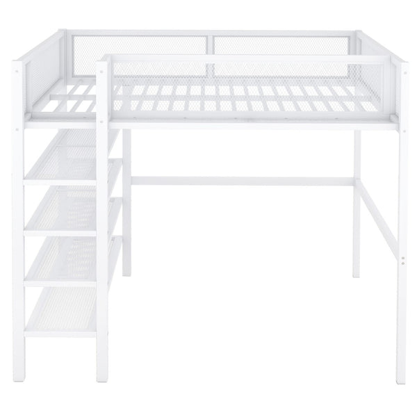 HomeRoots White Metal Twin Loft Bed with Integrated Desk & Shelves - Space-Saving Solution for Small Rooms 590377