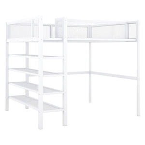 HomeRoots White Metal Twin Loft Bed with Integrated Desk & Shelves - Space-Saving Solution for Small Rooms 590377