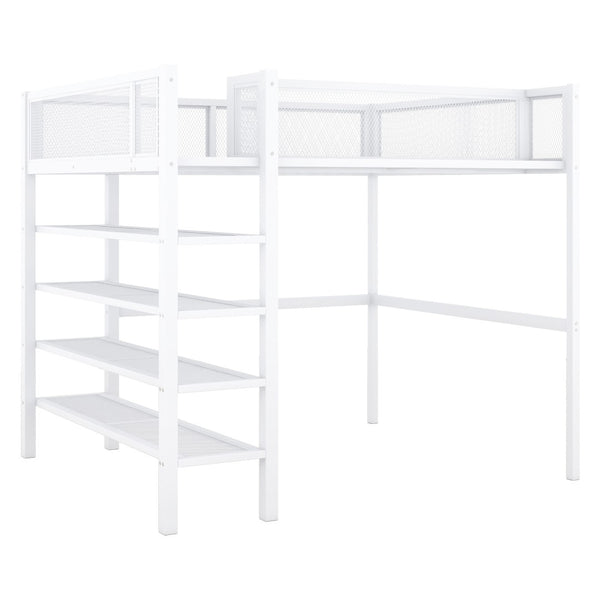 HomeRoots White Metal Twin Loft Bed with Integrated Desk & Shelves - Space-Saving Solution for Small Rooms 590377