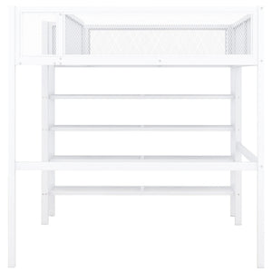 HomeRoots White Metal Twin Loft Bed with Integrated Desk & Shelves - Space-Saving Solution for Small Rooms 590377