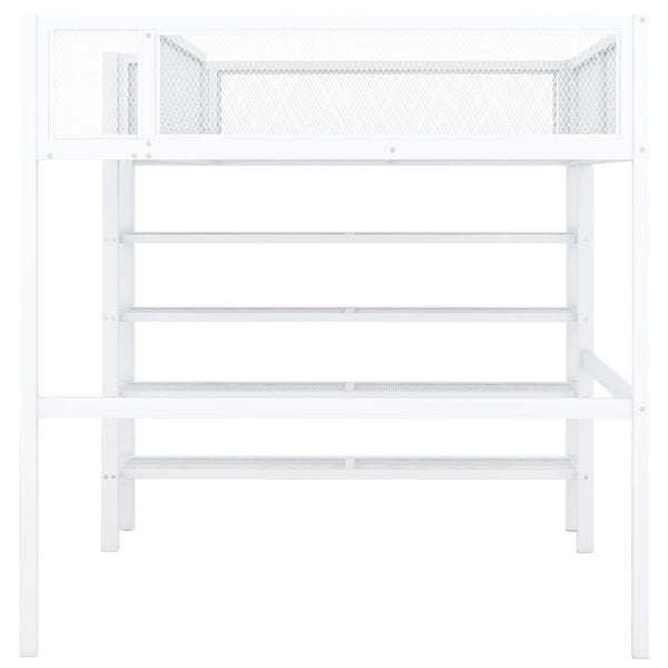 HomeRoots White Metal Twin Loft Bed with Integrated Desk & Shelves - Space-Saving Solution for Small Rooms 590377