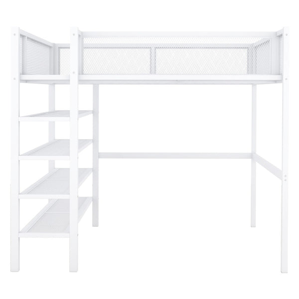 HomeRoots White Metal Twin Loft Bed with Integrated Desk & Shelves - Space-Saving Solution for Small Rooms 590377