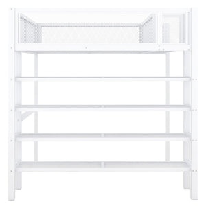 HomeRoots White Metal Twin Loft Bed with Integrated Desk & Shelves - Space-Saving Solution for Small Rooms 590377