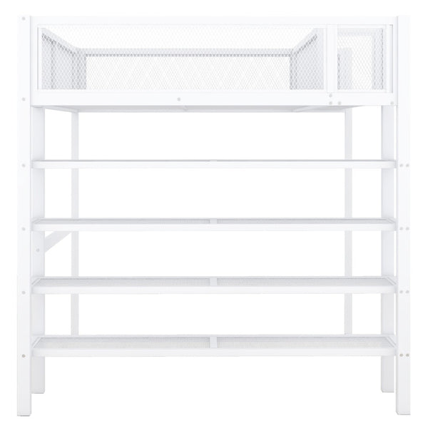 HomeRoots White Metal Twin Loft Bed with Integrated Desk & Shelves - Space-Saving Solution for Small Rooms 590377