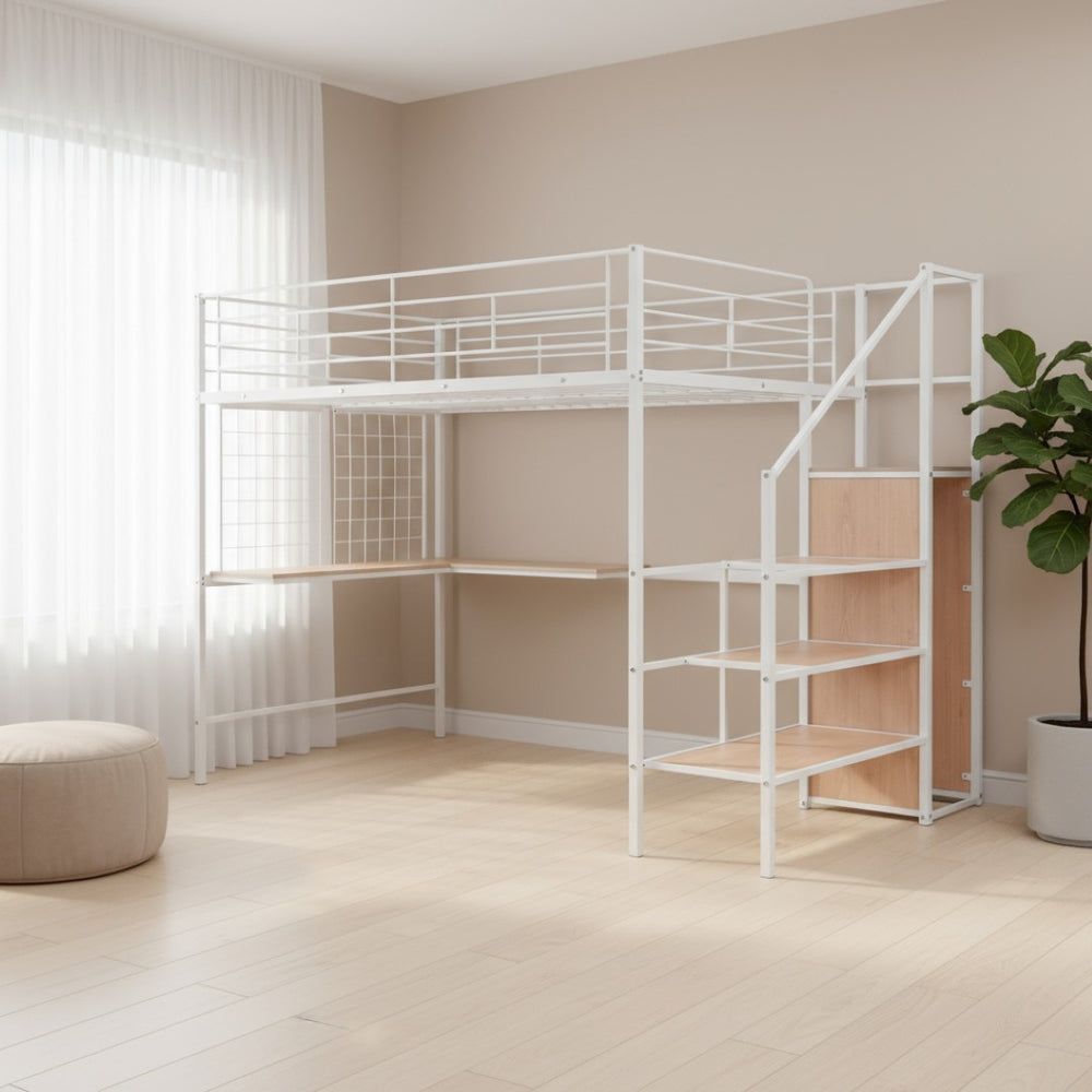 HomeRoots Black Loft Bed with Desk and Shelves – Space-Saving Full Double Design in Durable Wood and Metal 590378